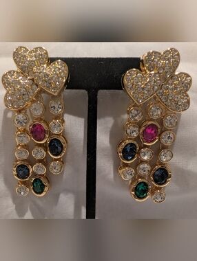 Catwalk Jon Gold-Tone Multi Gem Heart Drop Earrings - Pink, Blue, Green, Clear